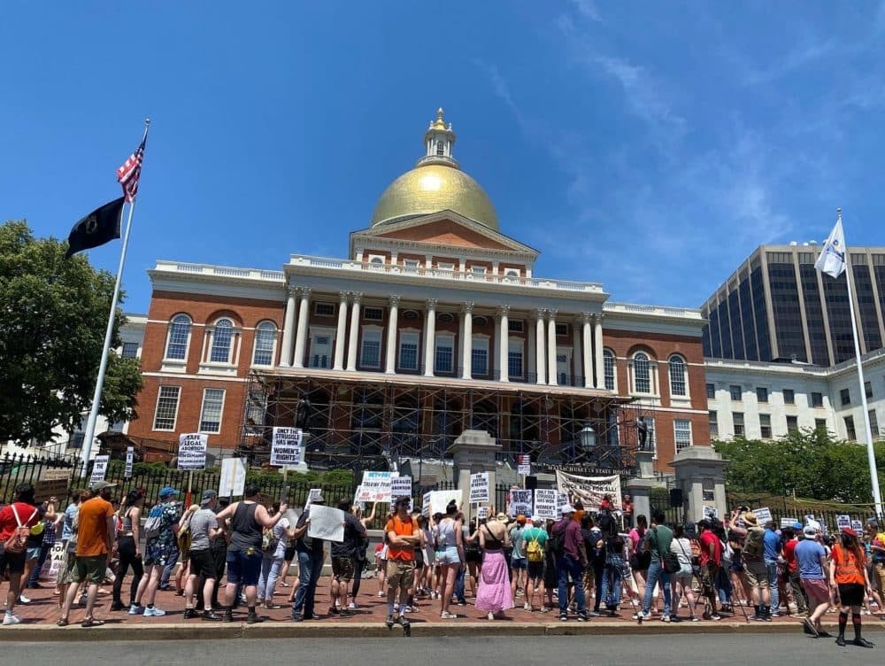 Protestors rally for a second day in front the of Massachusetts State House in Boston for abortion rights after the Supreme Court's reversal of Roe v. Wade. (Amanda Beland/WBUR)
