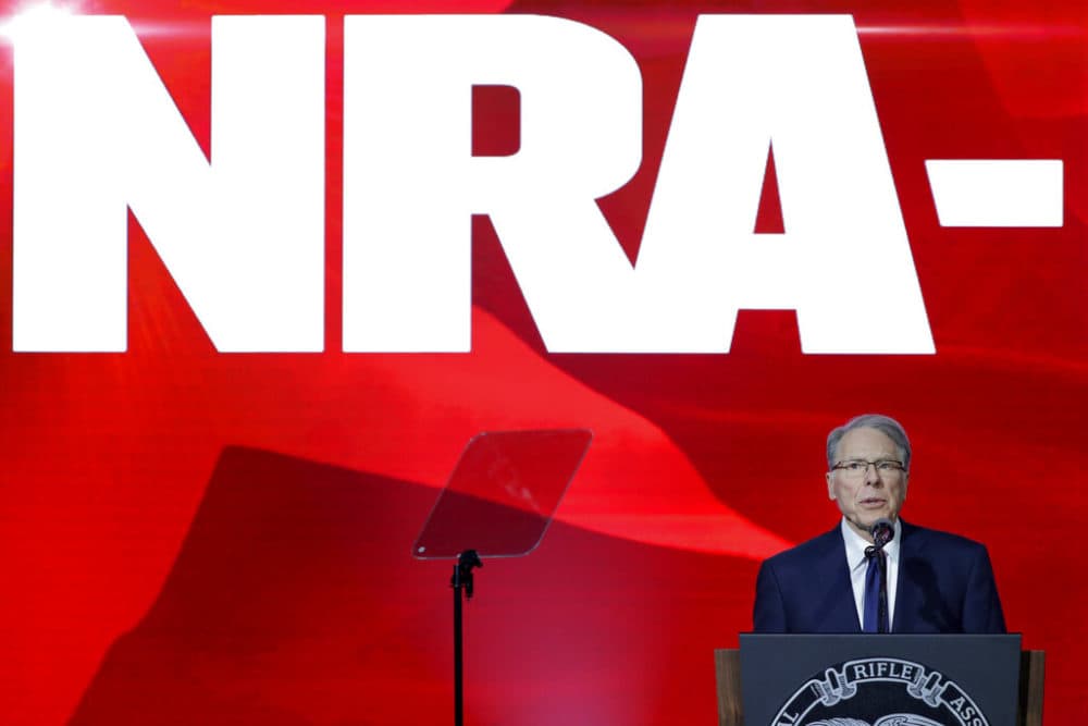 National Rifle Association executive vice president Wayne LaPierre speaks during the Leadership Forum at the NRA-ILA Meeting at the George R. Brown Convention Center Friday, May 27, 2022, in Houston. (AP Photo/Michael Wyke)