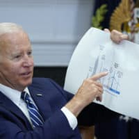 President Joe Biden shows a wind turbine size comparison chart during a meeting in the Roosevelt Room of the White House, June 23, 2022, with governors, labor leaders, and private companies launching the Federal-State Offshore Wind Implementation Partnership. (Susan Walsh/AP)