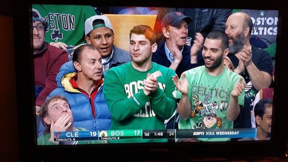 The author in the far right Celtics t-shirt at a game against the Cleveland Cavaliers during the 2017-2018 season.  (Courtesy of Danny Hajjar)