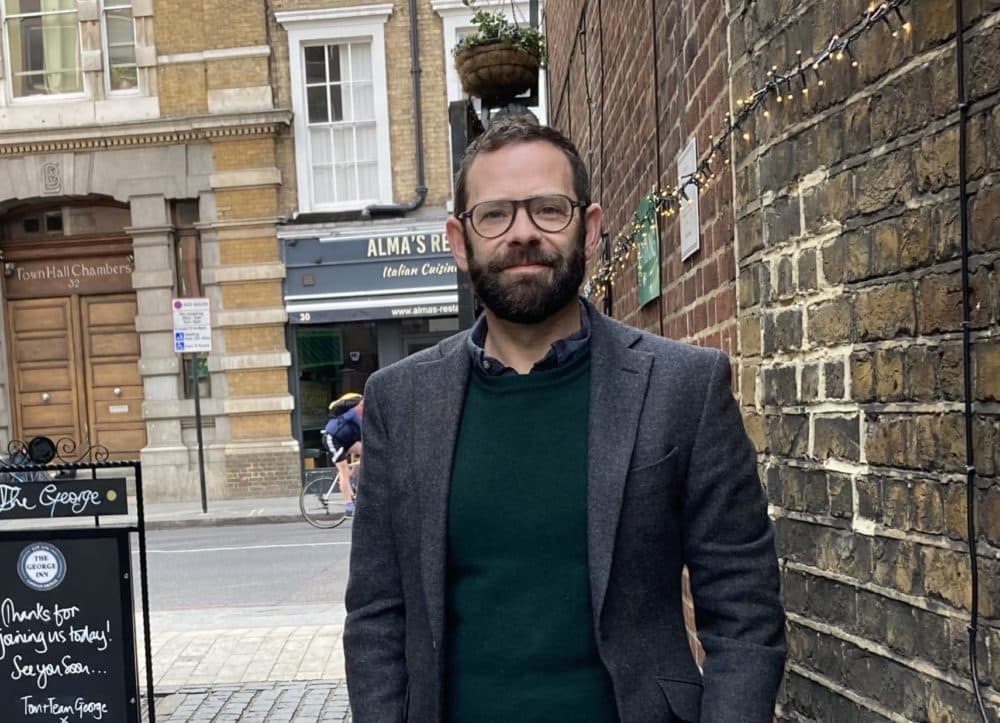 Medieval Studies scholar Anthony Bale, University of London, at a pub steps from the original Tabard Inn in south London. (Scott Tong/Here & Now)