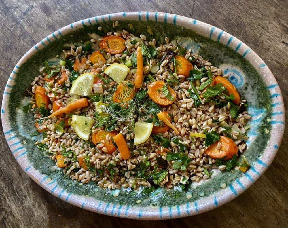 Herbed farro salad with roasted carrots and leeks.  (Kathy Gunst/Here & Now)