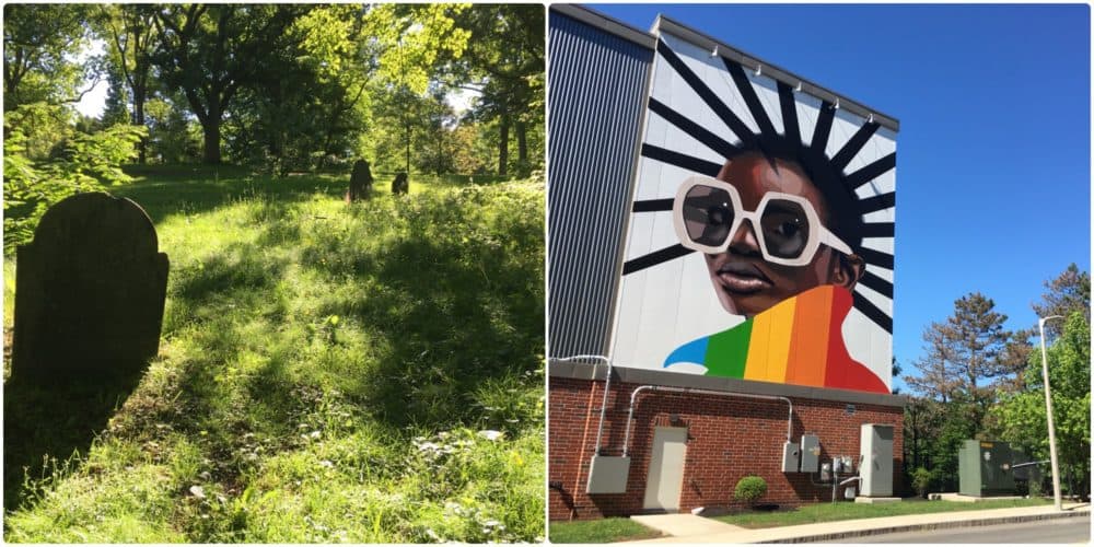 On the left, Walter Street Burying Ground at the south end of Arnold Arboretum, on Peters Hill. On the right, a mural by Sharif Muhammad in the Southwest Corridor greenway. Both are in Section 2 of the Walking City Trail. (Courtesy Miles Howard)