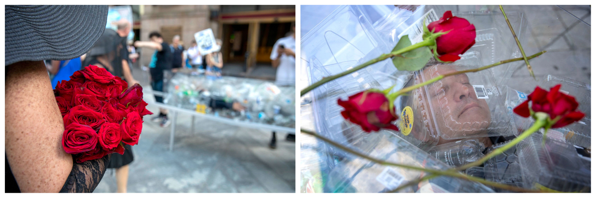A gauche, l'artiste Anne-Katrin Spiess tient un bouquet de roses.  À droite, des fleurs laissées par des personnes en deuil reposent sur le couvercle du cercueil pour un spectacle 