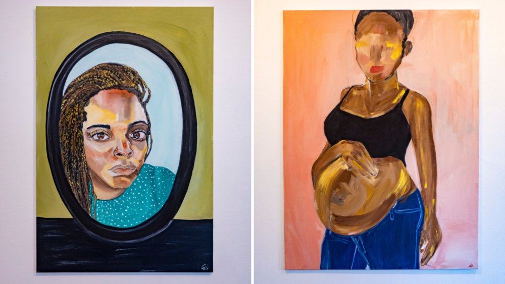 On the left is "Am I still glowing,"  featuring artist Valerie Imparato skeptically looking in the mirror.  To the right, "The Container"  shows a more abstract portraiture of the artist.  (Jesse Costa/ WBUR)