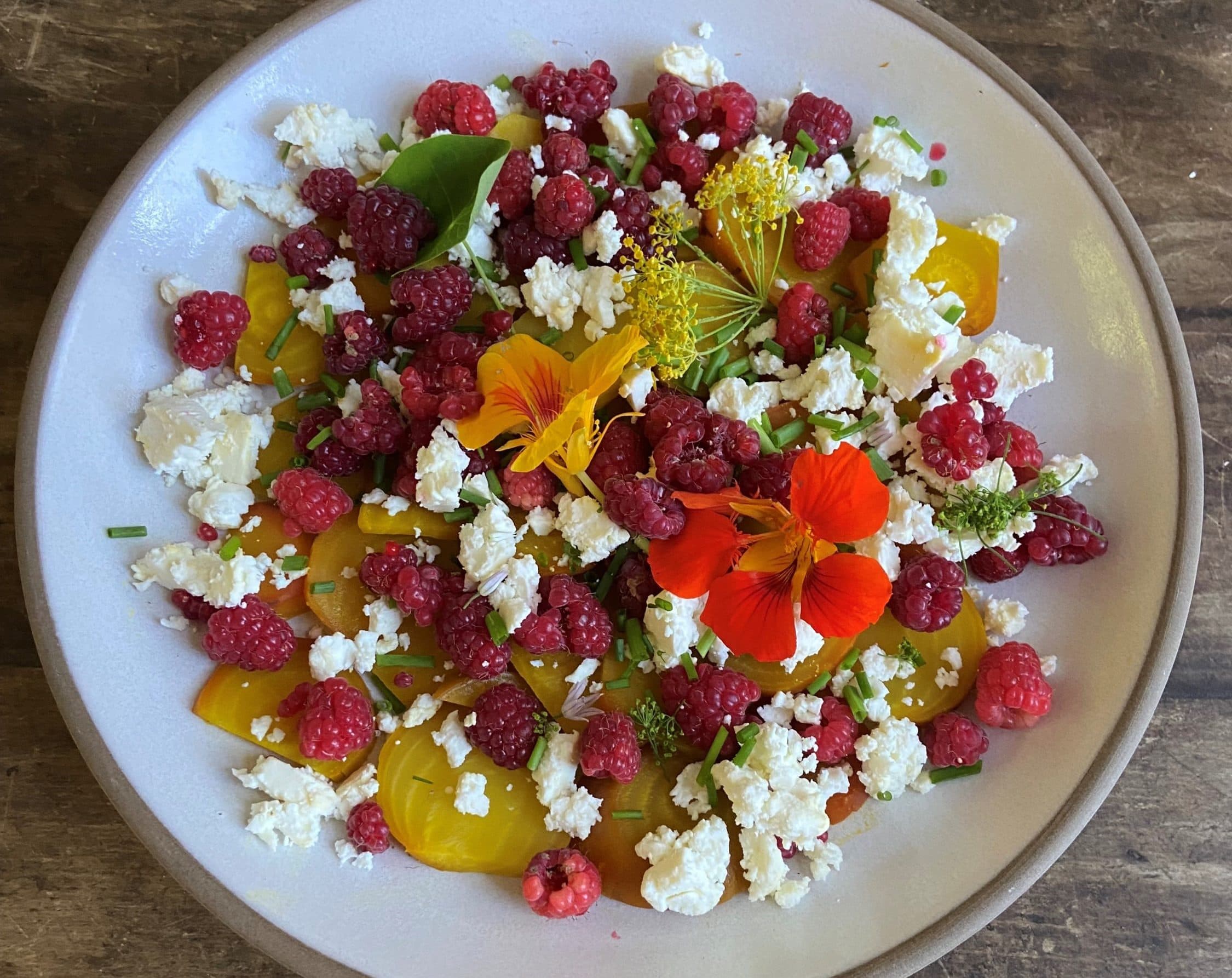 Roasted beet, raspberry and feta salad. (Kathy Gunst/Here &amp; Now)